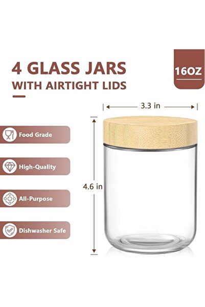 KASTWAVE Glass Food Storage Jars, 16 Oz Overnight Oats Containers with Bamboo...