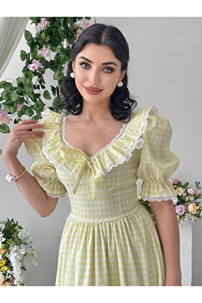 Moda Days فستان ساري ميدي نسائي منقوش بياقة مكشكشة وأكمام بالون وتفاصيل من ال...