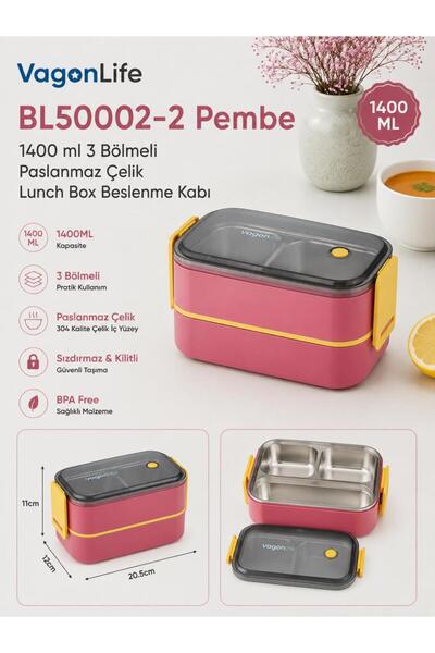 Vagonlife Bl50002-2 Pink 1400 ml 3 Compartment Stainless Steel Lunch Box Nutr...