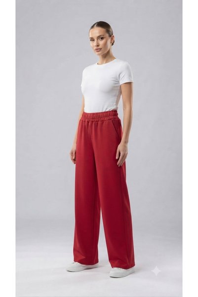 Sublime Butik بنطلون رياضي نسائي عالي الخصر من قماش السكوبا باللون الأحمر الغامق مقاس S/M