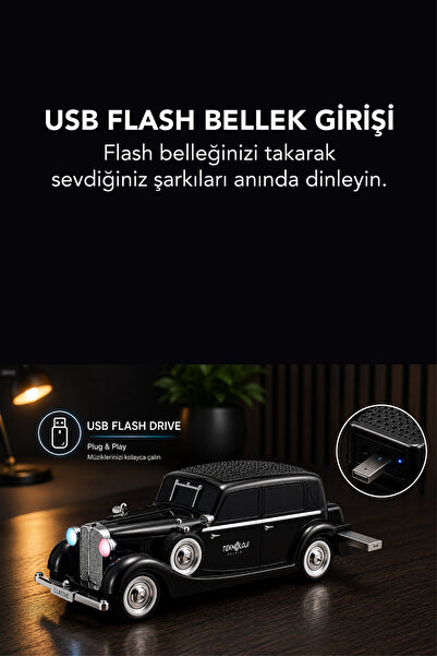 Teknoloji Gelsin Retro Bluetooth Hoparlör 10W Vintage Araba Tasarımlı FM Radyo USB TF Kart Destekli Tws Stereo