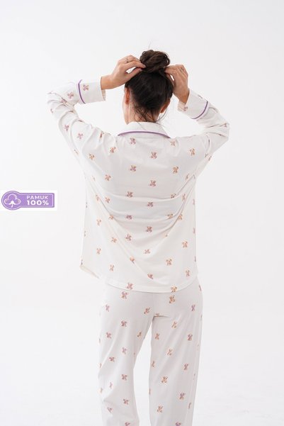 LULUS FRİENDS Shirt Collar Long Sleeve Front Heart Button Pocket Detailed Mini Teddy Bear Patterned Women's Pajama Set with Pants Premium Cotton