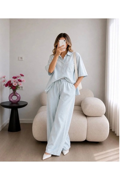 Ekim Store Blue Slim Denim Shirt and Pants Two-Piece Set