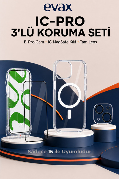 Evax [IC-PRO SET] iPhone 15 Uyumlu Aparatlı Cam, IC Sert Şeffaf Sararmaz MagS...
