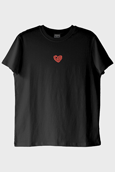 lofux Love Heart Patterned Embroidery Black T-Shirt - Valentine's Day Design