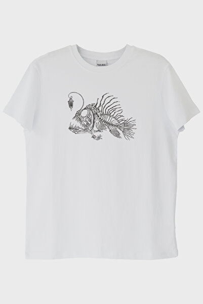 lofux Deep Sea Fish Skeleton Design Printed White T-Shirt