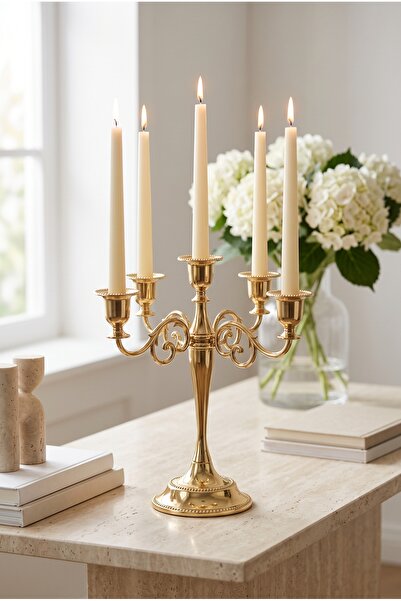 RASHA COLLECTION 5 Kollu Gold Metal Şamdan