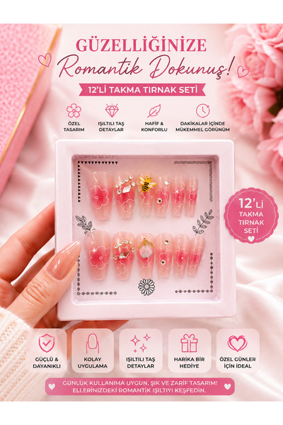 12’li Çiçek Desenli Taşlı Takma Tırnak Seti – Romantik Tasarım | Hazır Manikür
