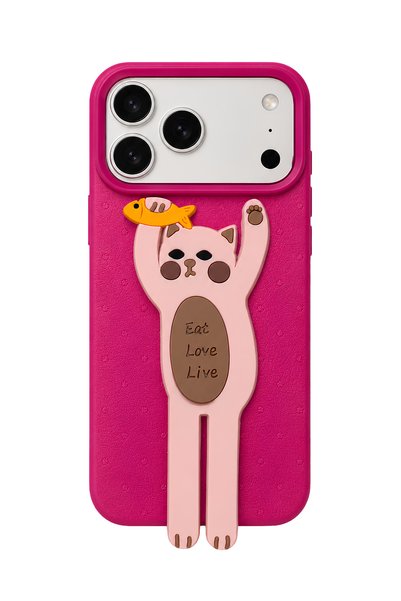 QUSCHU iPhone 17 Pro / 18 Pro Uyumlu Standlı 3D Kedi Figürlü Soft Touch Silik...