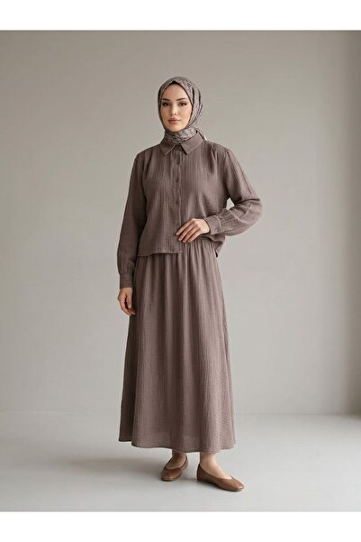 Foremia Shoulder Pleat Detail Muslin Skirt Set-Smoke