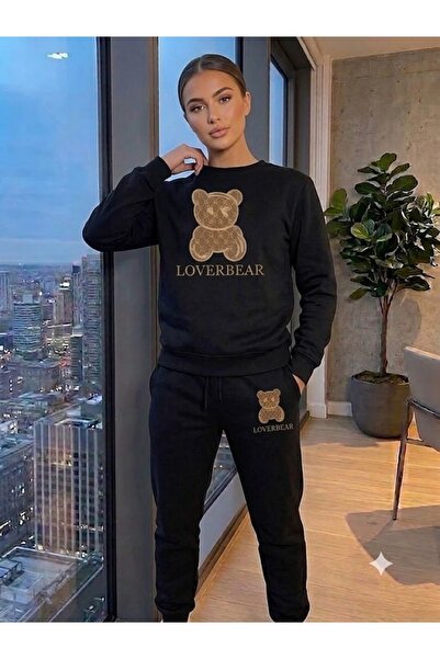 WOODROFFE طقم بدلة رياضية للجنسين مطبوع عليه Sevgili Bear بياقة دائرية مقاس كبير