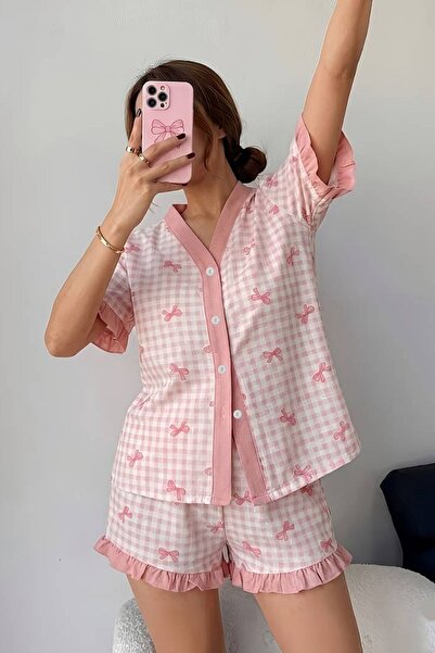 BELLA NOTTE Pink Gingham Bow Patterned Women's Shorts Pajama Set with Ruffle ...