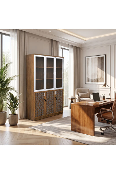 Ebticar 6 Door Wooden Office Cabinet with Glass Doors and Multiple Storage Sh...