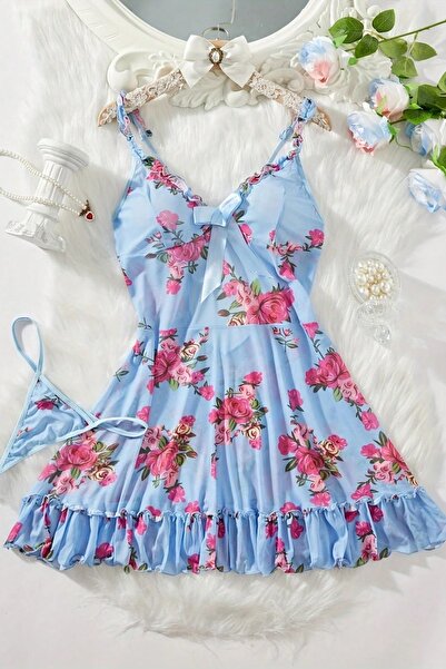 BELLA NOTTE Blue Floral Patterned Nightgown with Ruffle Detail and Open Back