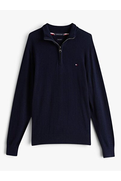 Tommy Hilfiger PIMA ORG CTN CASHMERE ZIP MOCK Erkek Mavi Kazak - MW0MW28049