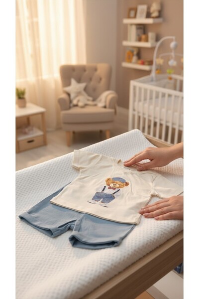 balbeybi Baby Boy Teddy Bear Printed 2-Piece Set Short Sleeve T-Shirt Shorts Summer Cotton Baby Set 6-9 Months 9-12 Months 12-18 Months