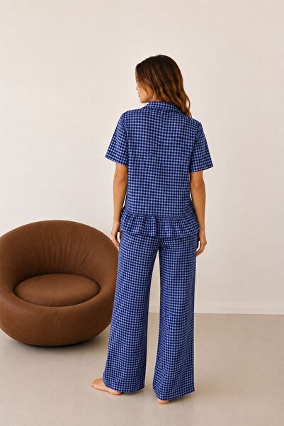 BELLA NOTTE Viskon Dokuma Lacivert Pötikare Pijama Takımı