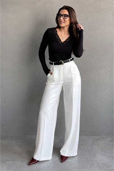 Madmext White High Waist Pleated Wide Leg Women's Trousers with Belt Mg2615