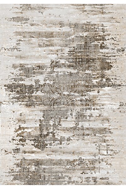 SARAZ HALI Modern Krem Vizon Soyut Etnik Desenli Baskı Şönil Kilim Kaymaz Tab...