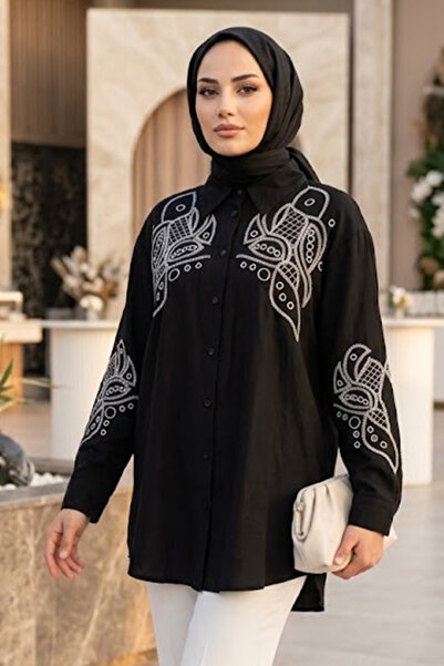 Neva Style Nakış Detaylı Poplin Siyah Tesettür Gömlek 15697S