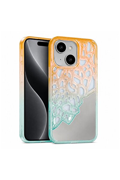 Zebana Apple iPhone 13 Uyumlu Kılıf Lace Mirror Silikon Kılıf Turuncu