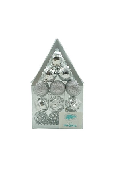 Rao Set de 12 Ornamente de Brad, de Tip Glob, Argintiu, din Plastic, cu Finis...