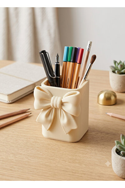 Kurdele Detaylı Fiyonklu Kalemlik Desk Organizer Masa Üstü Düzenleyici 3D Tasarım