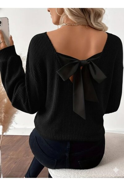 Şeker Portakalım Women's Long-Sleeve V-Neck Open-Back Ribbon-Detail Fleece-Li...