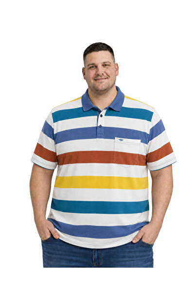 BattalModa Men's Large Size Light Indigo Thick Striped Pique T-Shirt 3Xl-4Xl-...