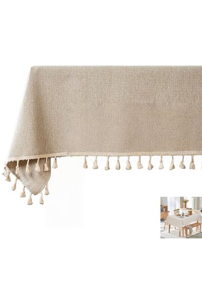 Morvena Picks Fata de masa din in cu ciucuri (bej, 140x180cm), husa de masa d...