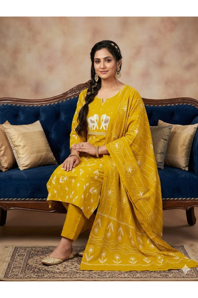 MYSMAR Yellow Cotton Handcrafted Kurta Set - FFT8055 | Yellow-Size:2XL-44-Inches