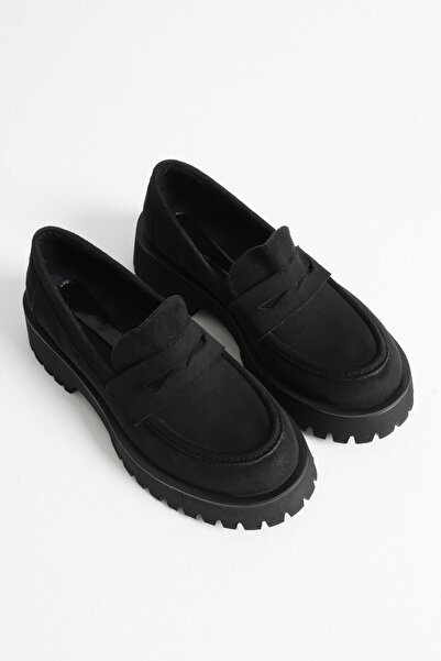 Kadın Siyah Süet 4cm Kalın Tabanlı Loafer Ayakkabı