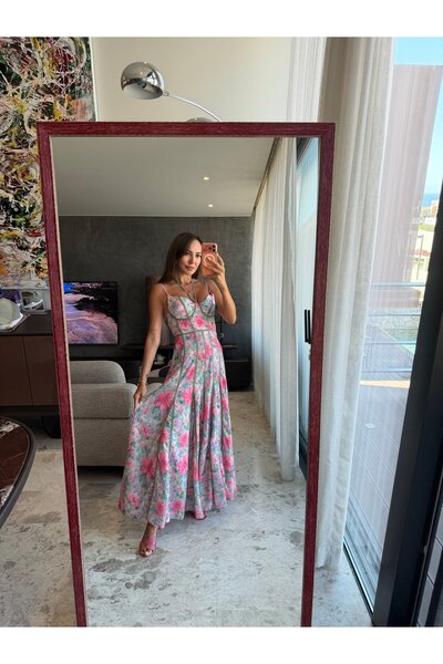 BOLESA GİYİM Pembe Şeritli Keten Elbise