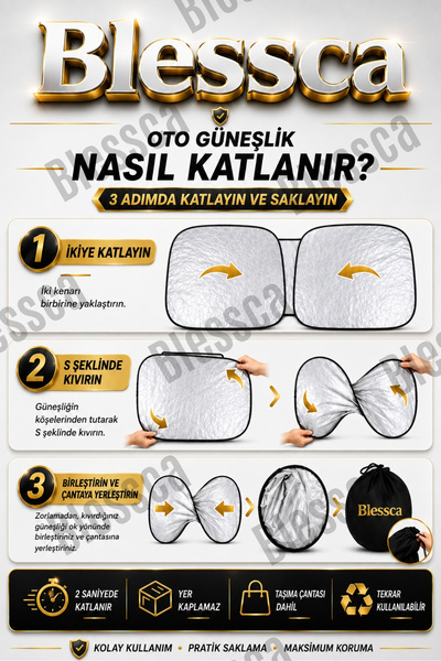 Blessca Araba Ön Cam Güneşlik Güneşliği Otomobil Güneşlikleri Araç Gölgelik Oto İçi Katlanır Kare Gölge Yansıtma Gölgelik Güneş Koruyucu Katlanabilir UV Teknoloji