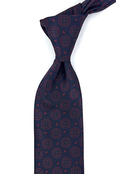 Kravatkolik Navy Blue Motif Pattern Classic Tie with Handkerchief Kk13948