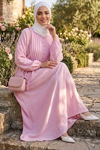 TOFİSA Pile Detaylı Düğmeli Elbise Pembe - 28752-PEMBE