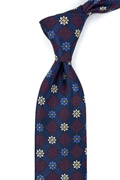 Kravatkolik Navy Blue Plum Motif Pattern Classic Tie with Handkerchief Kk13941