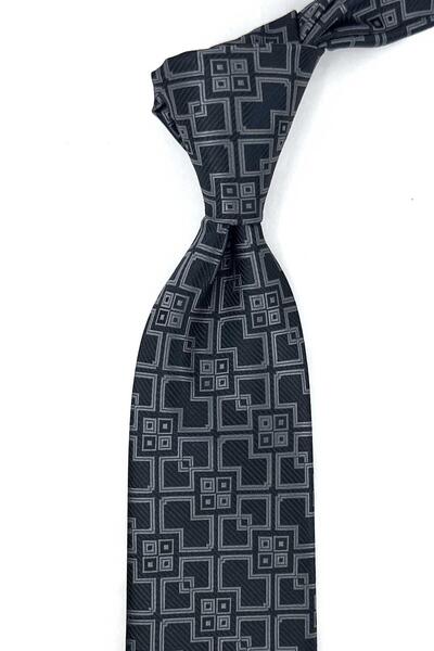 Kravatkolik Black Smoked Square Pattern Classic Tie with Handkerchief Kk13892