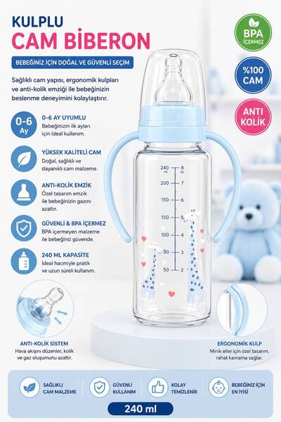Generic Brand 240ml Glass Baby Bottle with Handle Bpa Free Anti Colic Newborn...