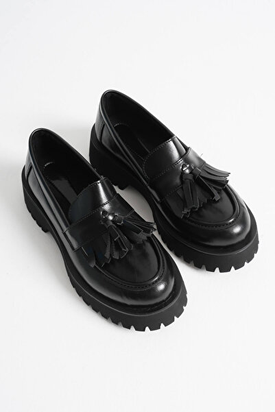 Kadın Siyah 4cm Kalın Tabanlı Loafer Ayakkabı