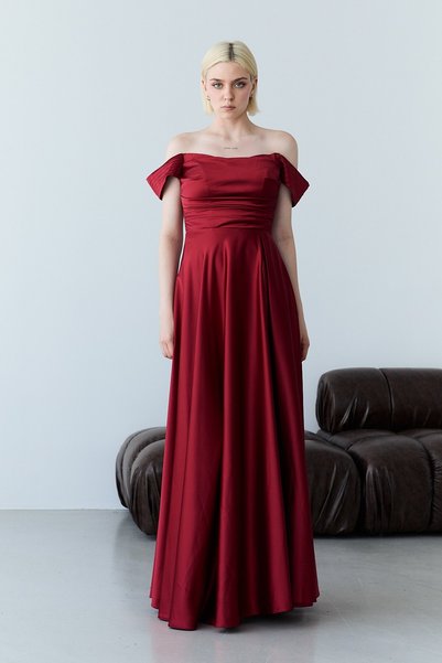 Serica Moda Burgundy Boat Neck Draped Slit Long Evening Dress