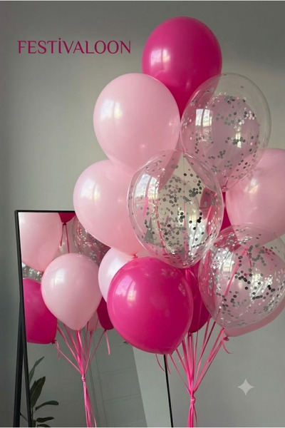 FESTİVALOON Fuşya Pembe Gümüş Konfeti 20’li Balon Seti Doğum Günü ve Parti Sü...