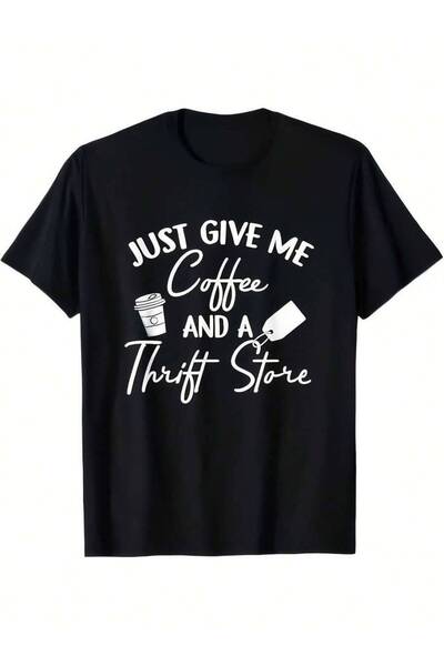 LİNA06 تي شيرت نسائي بتصميم ريترو - طباعة عتيقة بعبارة "Just Give Me Coffee &...