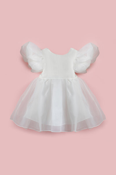 Le Mabelle Ecru Balloon Sleeve Baby Girl Satin Dress - Dona