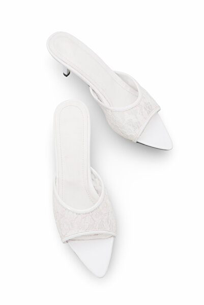 Bak Store White Lace Women's Heeled Slippers Pointed Toe Bridal Dowry Wedding...