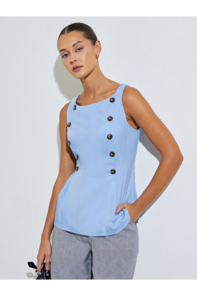 Styli Light Blue Button Details Sleeveless Peplum Blouse