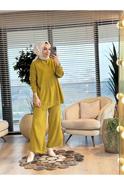 Afili 3444 Nopen Ribbed Knitwear Trouser Set Oil Green