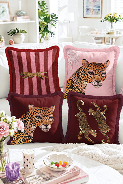 Realhomes Set of 4 Fringed Throw Pillow Covers with Leopard and Cheetah Figur...