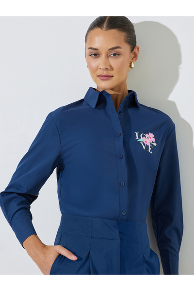 Styli Navy Blue Long Sleeve Embroidered Shirt