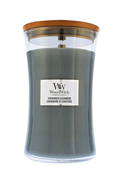 WoodWick Evergreen Cashmere scented candle with a wooden wick, 609 g